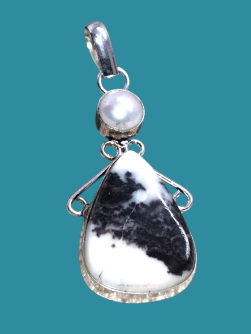 Long White Buffalo Turquoise Pearl 925 Silver Plated Pendant 2.3"